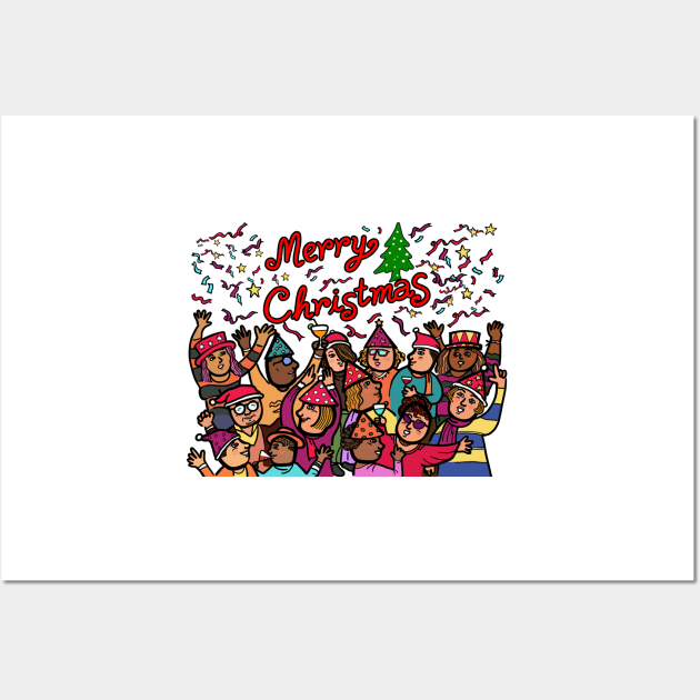 A crowd of diversity of people celebrate Christmas holidays party Wall Art by Nalidsa